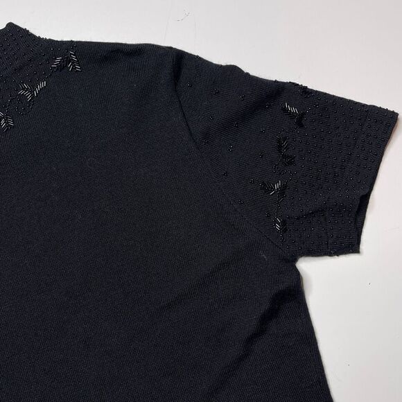 Vintage Style Size Large Retro 50s Black Beaded Wool Blend Sweater Short Sleeve - Picture 5 of 8